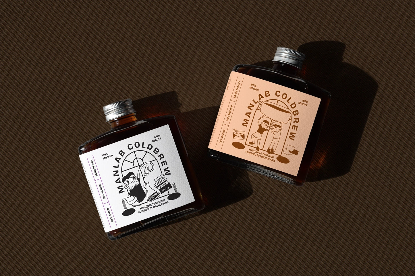 Two cold brew bottles mockup arranged on surface with modern composition
