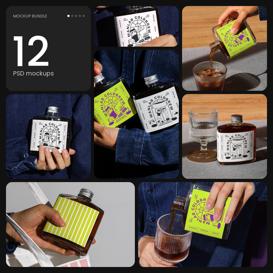 Cold brew bottle mockup series – 12 PSD mockups by Mockup.Asia