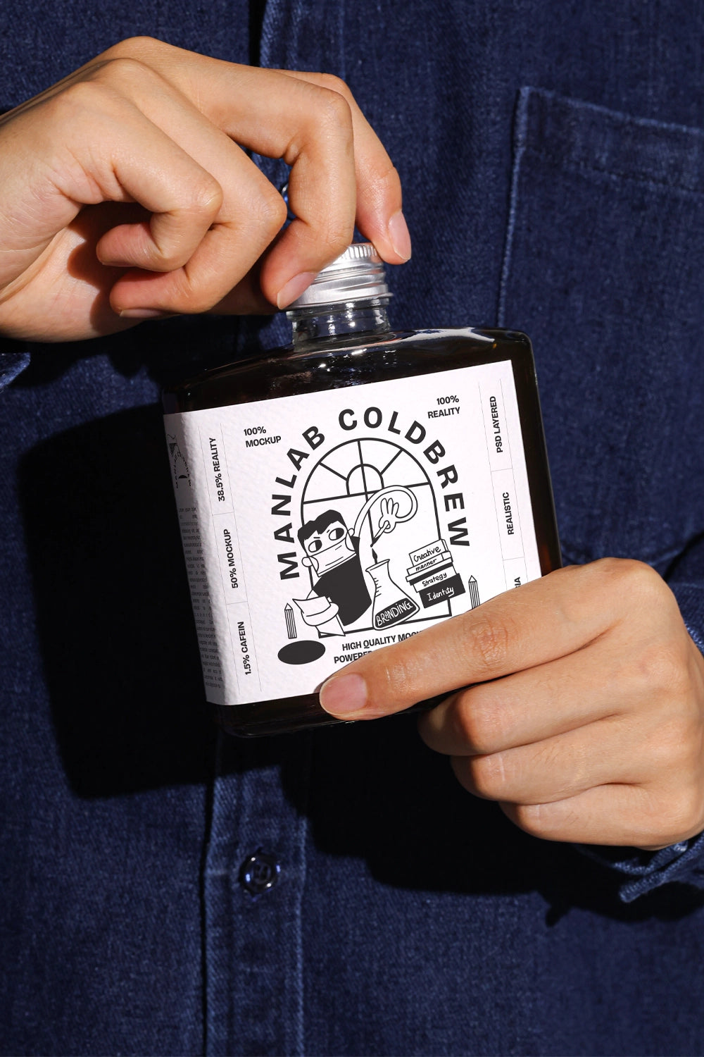 cold brew coffee bottle mockup with hand opening cap, realistic packaging interaction scene