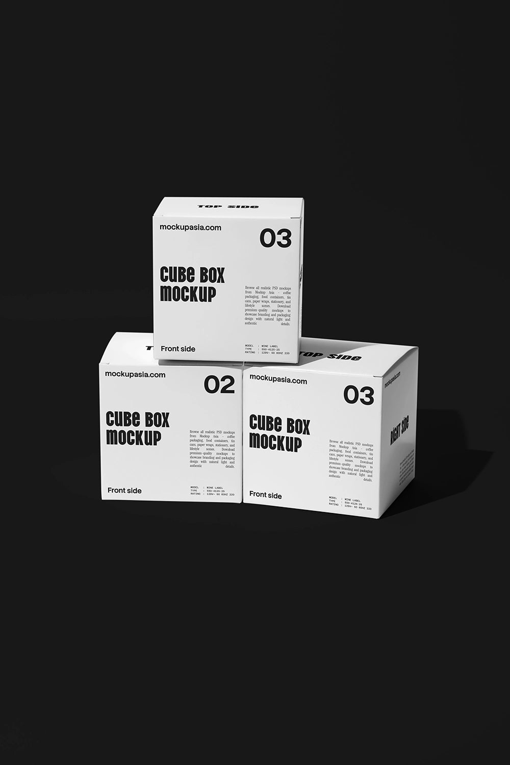 Cube box mockup set with three white packaging boxes arranged on dark background