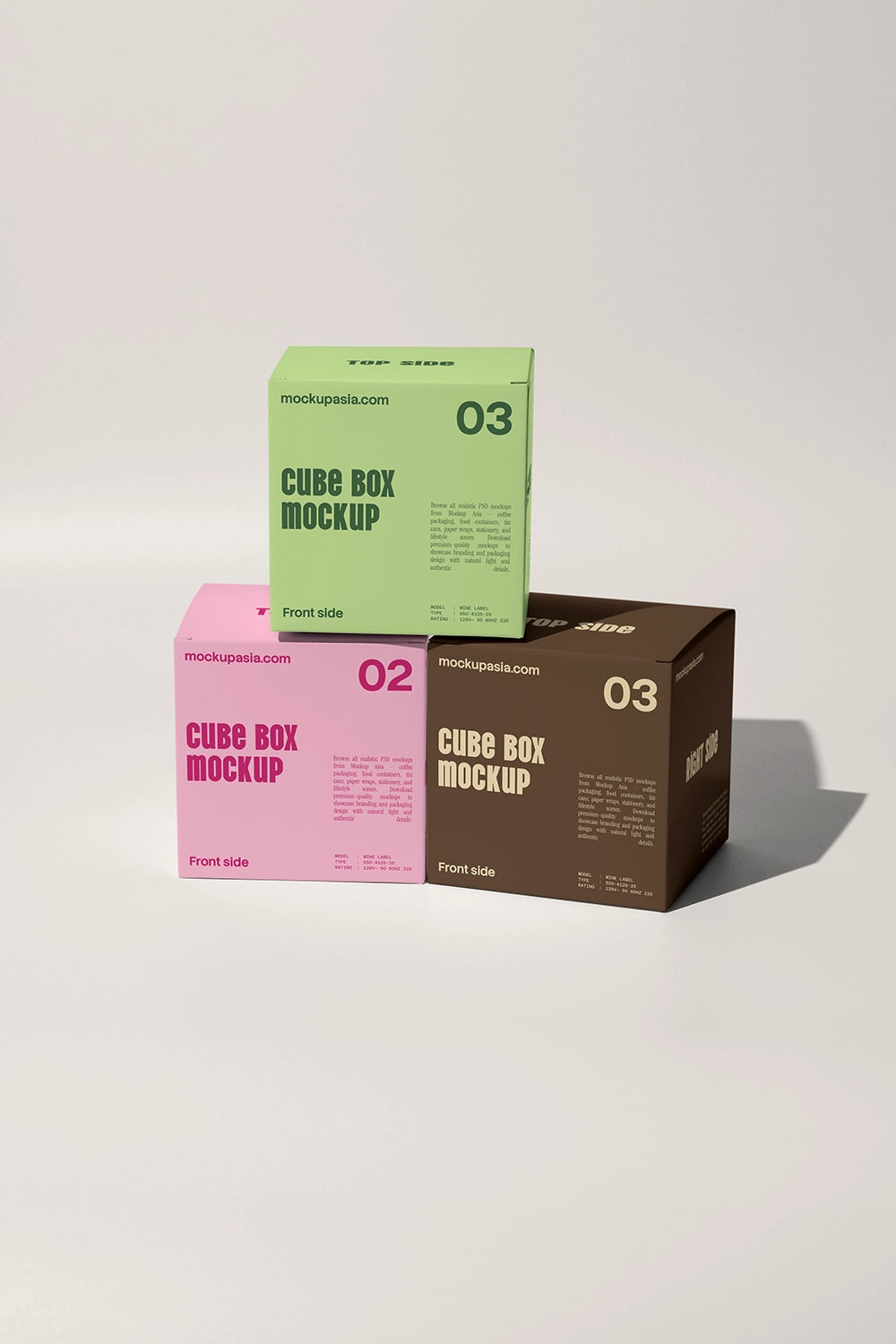 Minimal cube packaging mockup with three boxes and clean typography design
