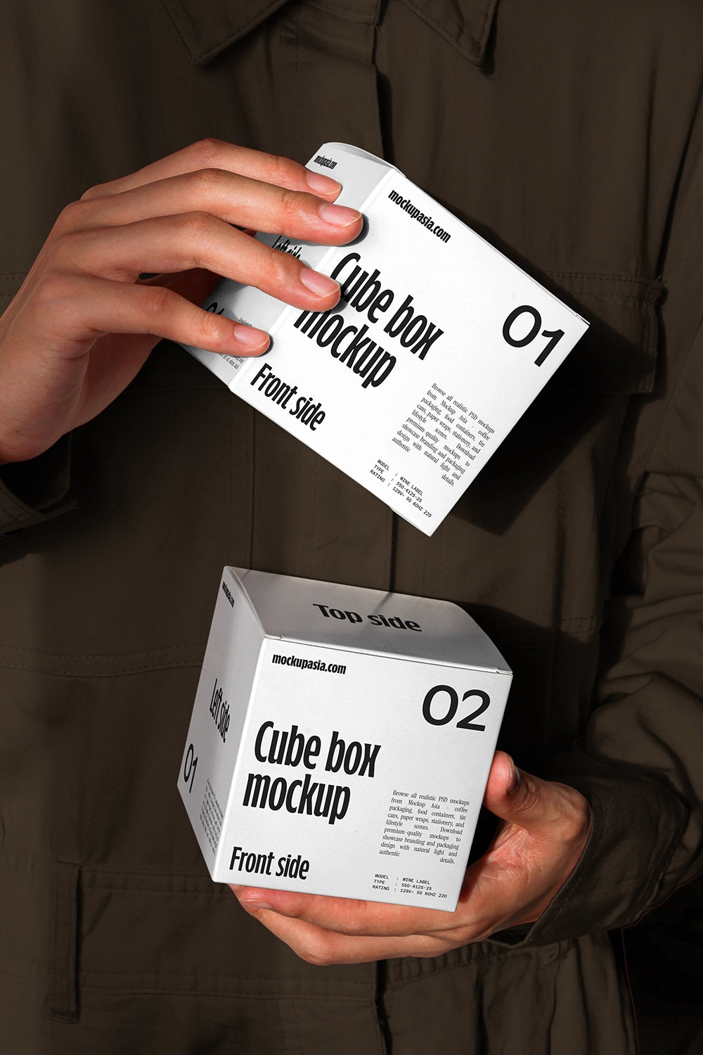Packaging mockup with two cube boxes and realistic dark studio presentation