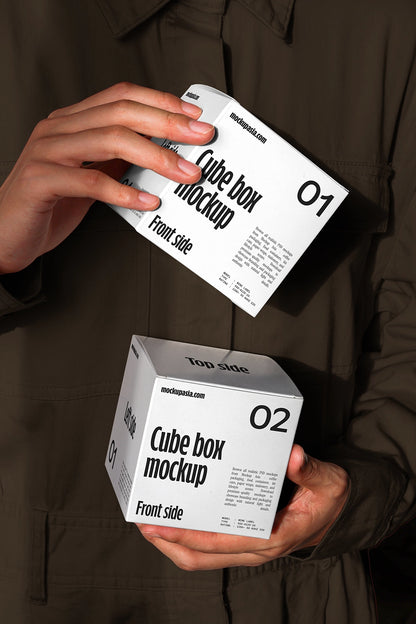 Packaging mockup with two cube boxes and realistic dark studio presentation