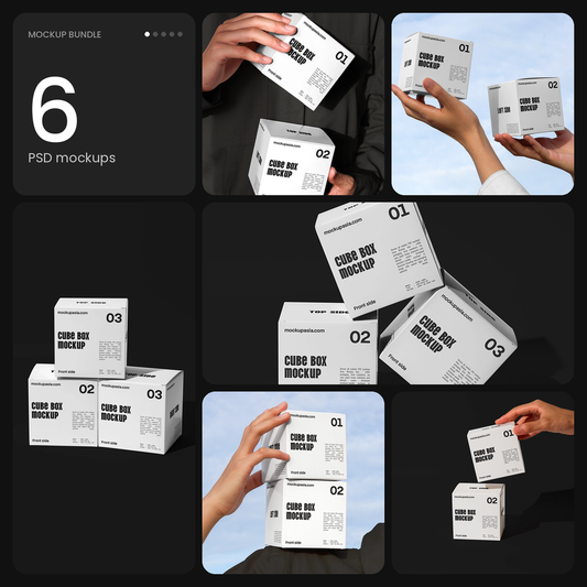 Cube box mockup bundle – 6 PSD mockups by Mockup.Asia