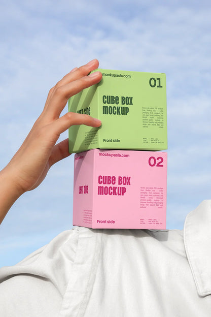 Cube box mockup bundle by Mockup.Asia showing multiple 3D cube box designs on a white background.
