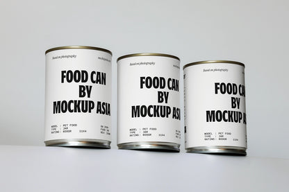 food can mockup set with three cans in clean studio environment and minimal design