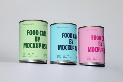 realistic canned food packaging mockup with multiple metal tins and soft lighting