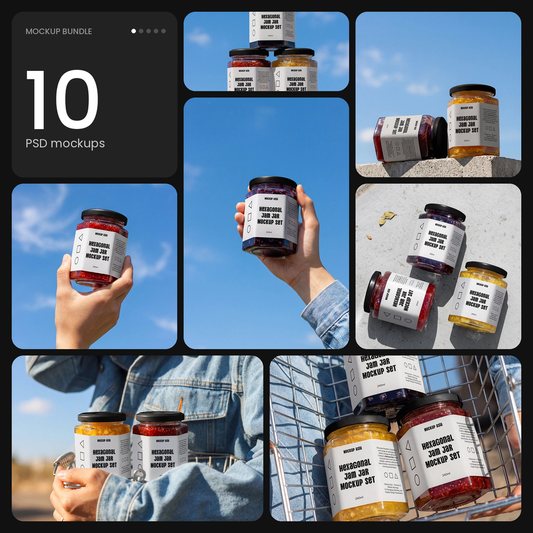 Hexagon Jam Jar Mockup Bundle – 10 PSD mockups by Mockup.Asia