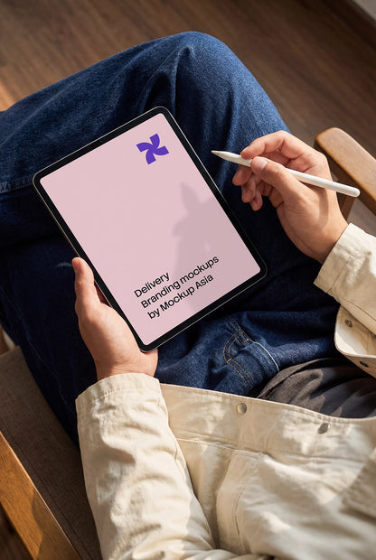 Realistic iPad Pro 11-inch PSD mockup on lap with natural lighting