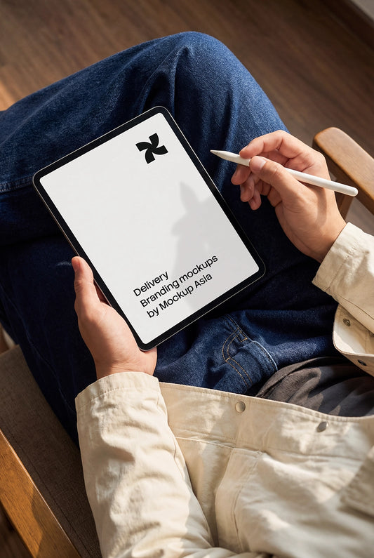 Tablet mockup with Apple Pencil in seated POV lifestyle scene