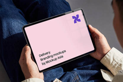 Realistic iPad Pro 11-inch horizontal PSD mockup held in hands