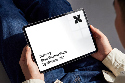Tablet landscape mockup in seated POV lifestyle scene