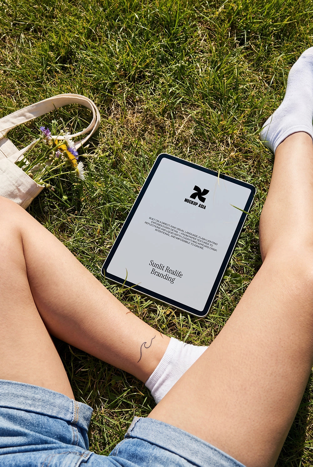 ipad mockup on grass with natural sunlight and outdoor lifestyle scene realistic screen presentation