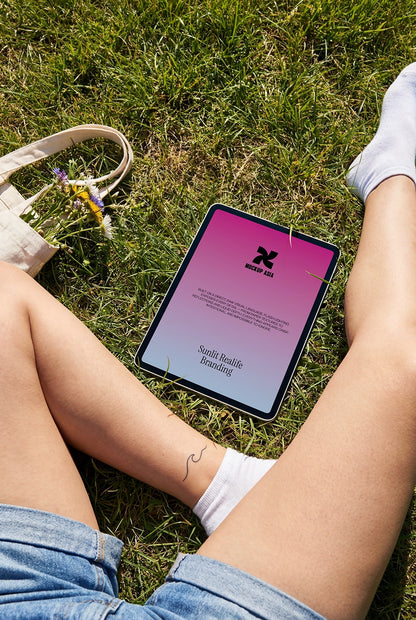 minimal ipad mockup outdoor with green grass background and clean branding display