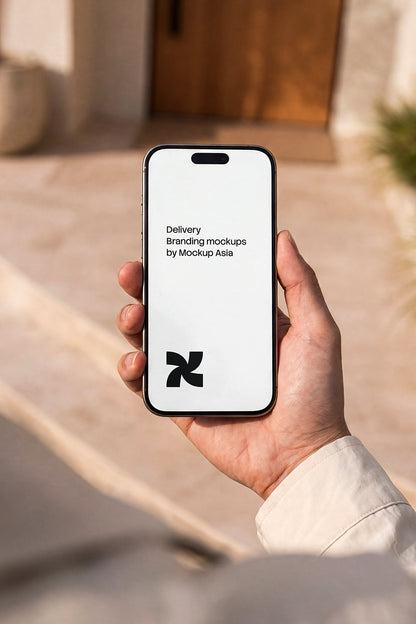 Minimal smartphone mockup showing iPhone 16 Pro screen held in hand with soft natural light