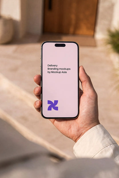 iPhone 16 Pro mockup held in hand outdoors with clean blank screen in natural sunlight