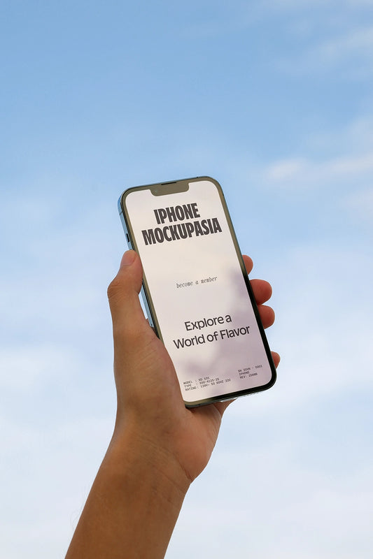 iphone mockup held in hand against sky background, minimal outdoor app presentation scene