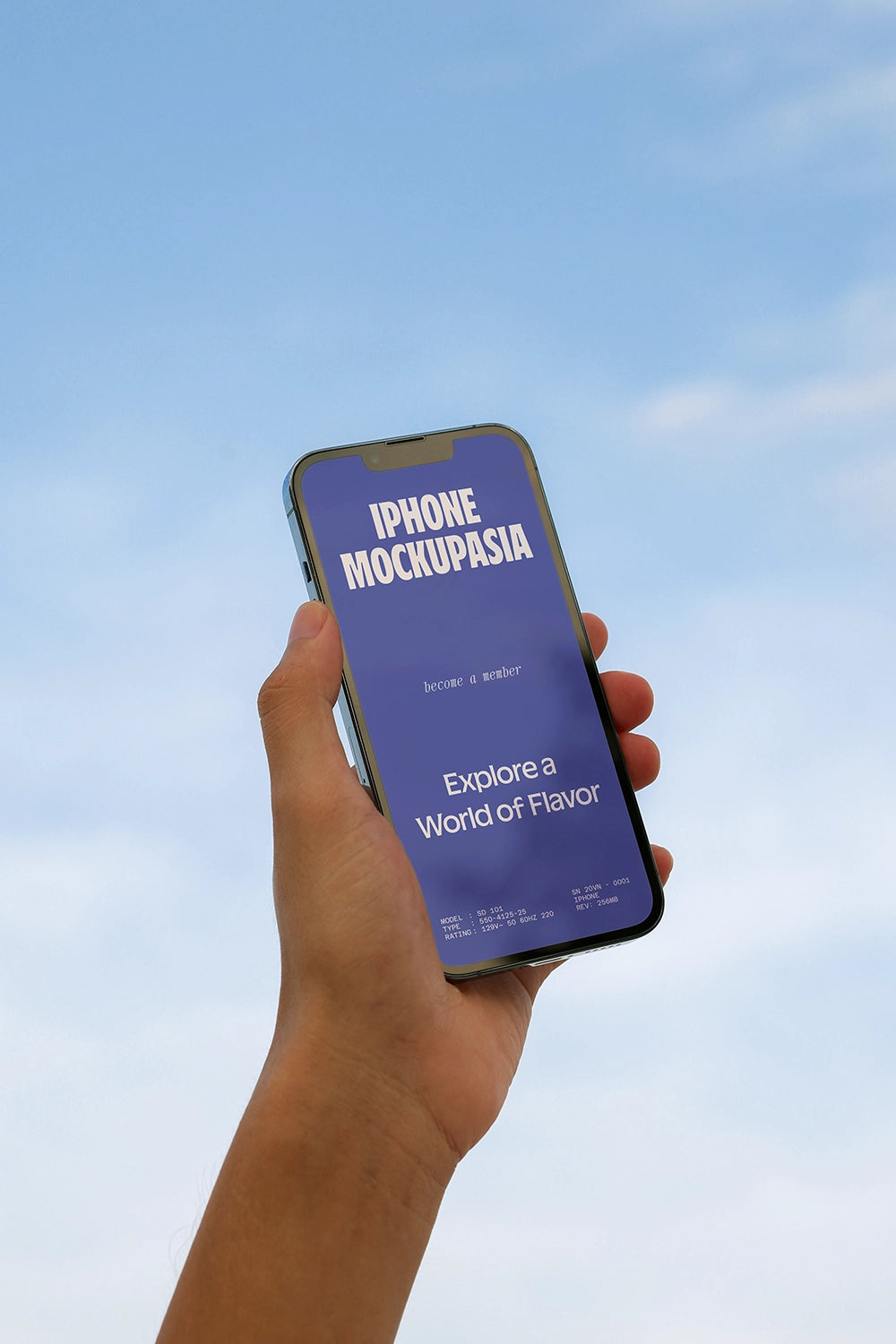 smartphone mockup in hand with blue sky, clean lifestyle mobile UI display
