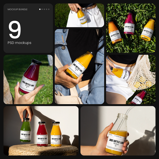 Juice Bottle Label Mockup Collection – 9 PSD mockups by Mockup.Asia