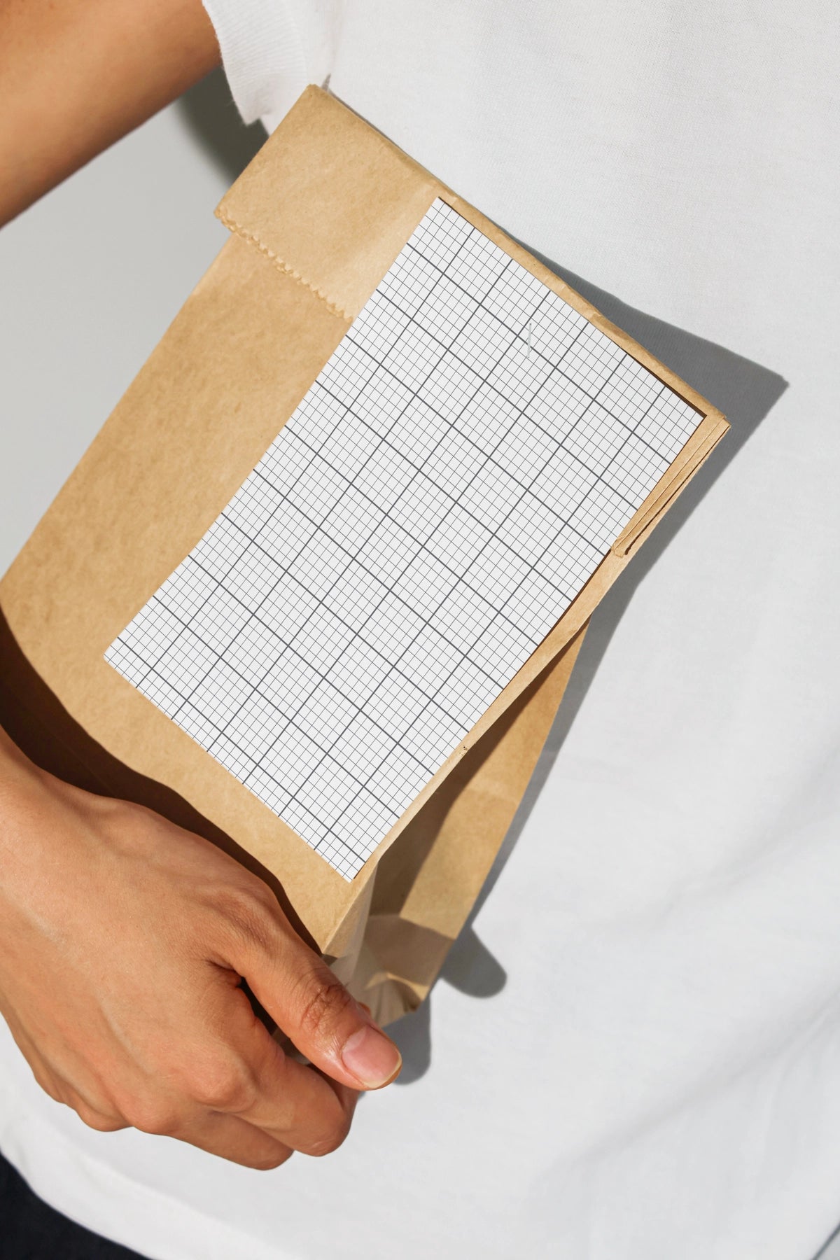 kraft paper bag mockup held in hand with blank label, minimal packaging branding scene