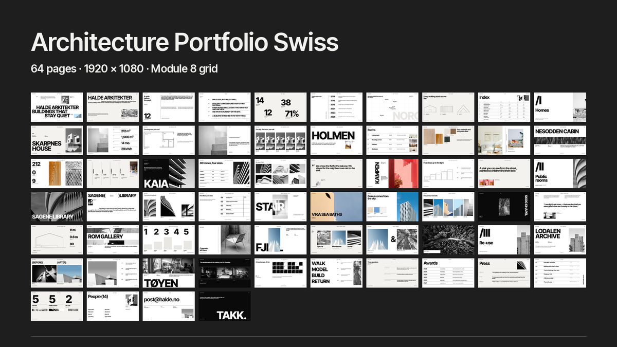 Swiss Style Architecture Portfolio template – what's inside: all 64 pages and file formats