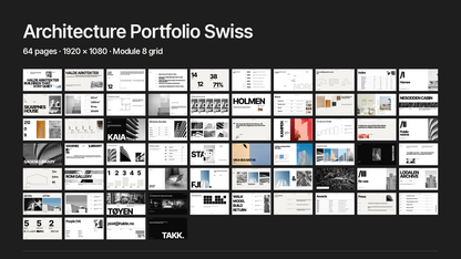 Swiss Style Architecture Portfolio template – what's inside: all 64 pages and file formats