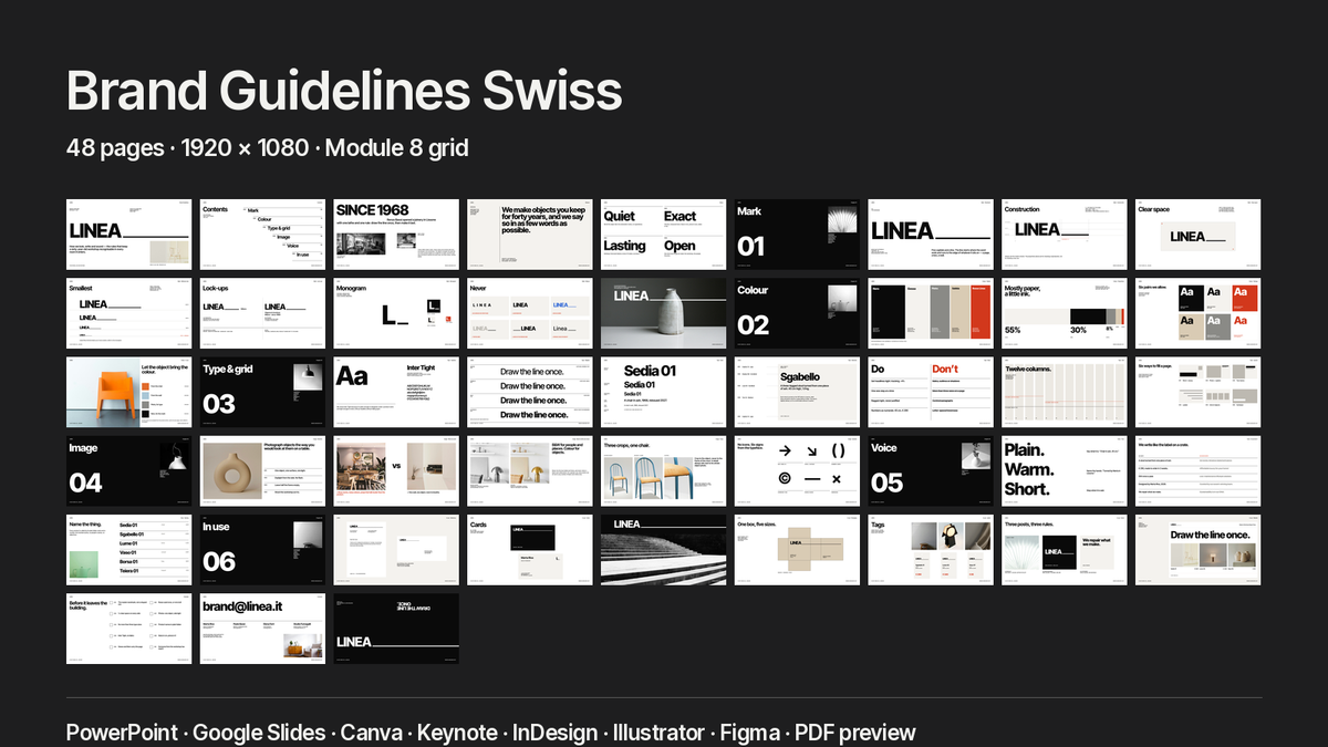 Swiss Style Brand Guidelines template – what's inside: all 48 pages and file formats
