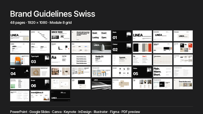 Swiss Style Brand Guidelines template – what's inside: all 48 pages and file formats