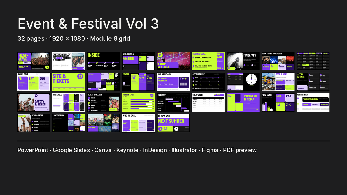 Bold Event & Festival template – what's inside: all 32 pages and file formats