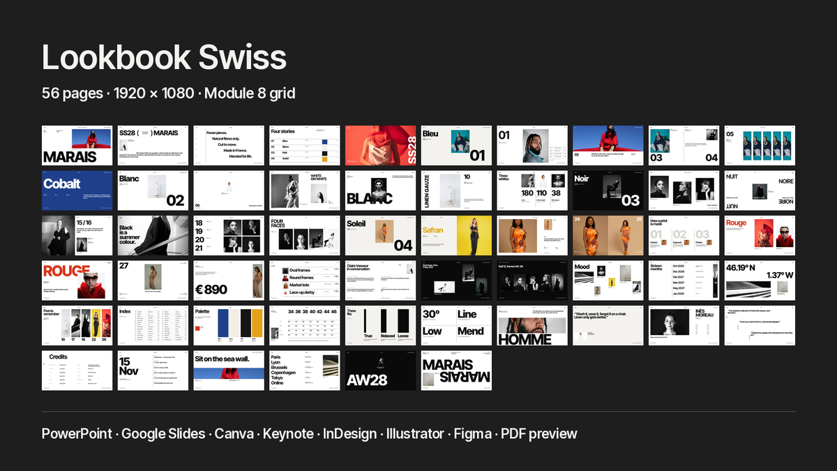Swiss Style Lookbook template – what's inside: all 56 pages and file formats