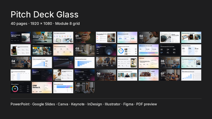 Glassmorphism Pitch Deck template – what's inside: all 40 pages and file formats