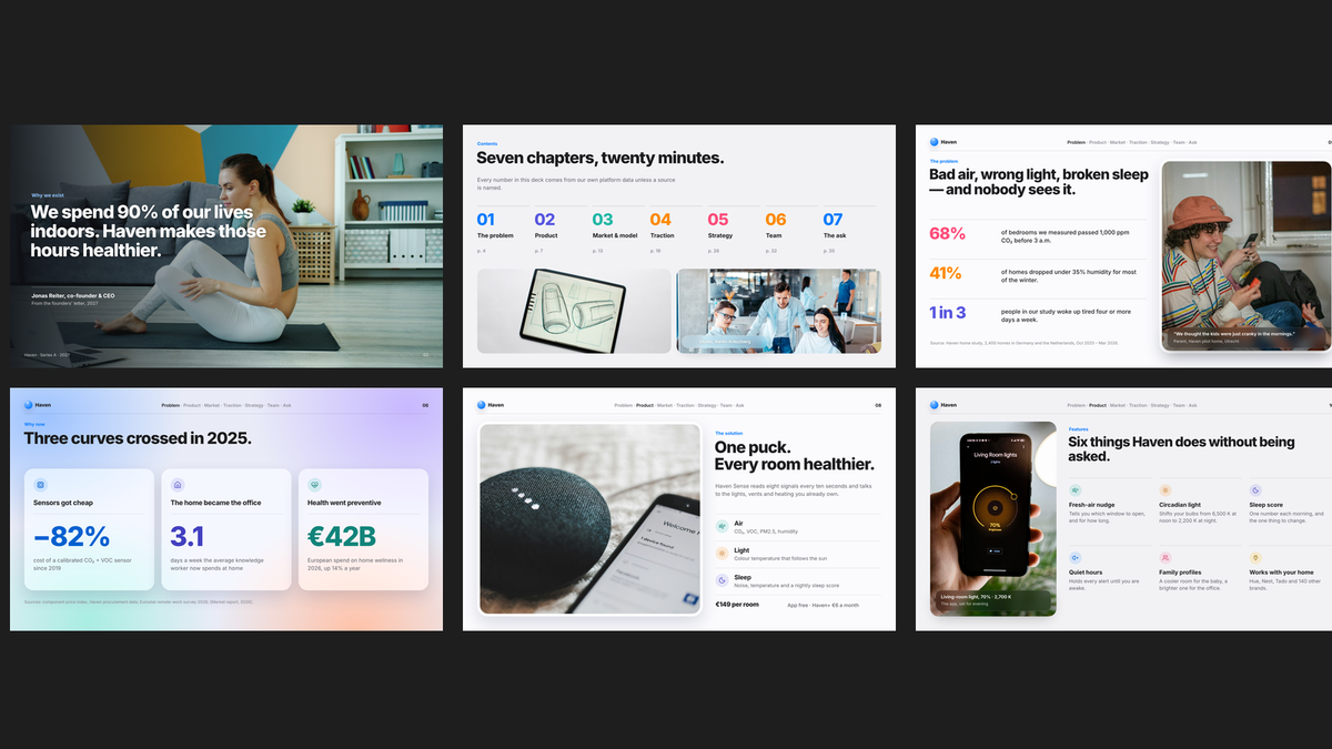 Glassmorphism Pitch Deck template – opening and product