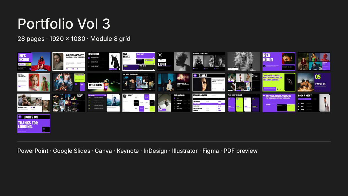 Bold Photography Portfolio template – what's inside: all 28 pages and file formats