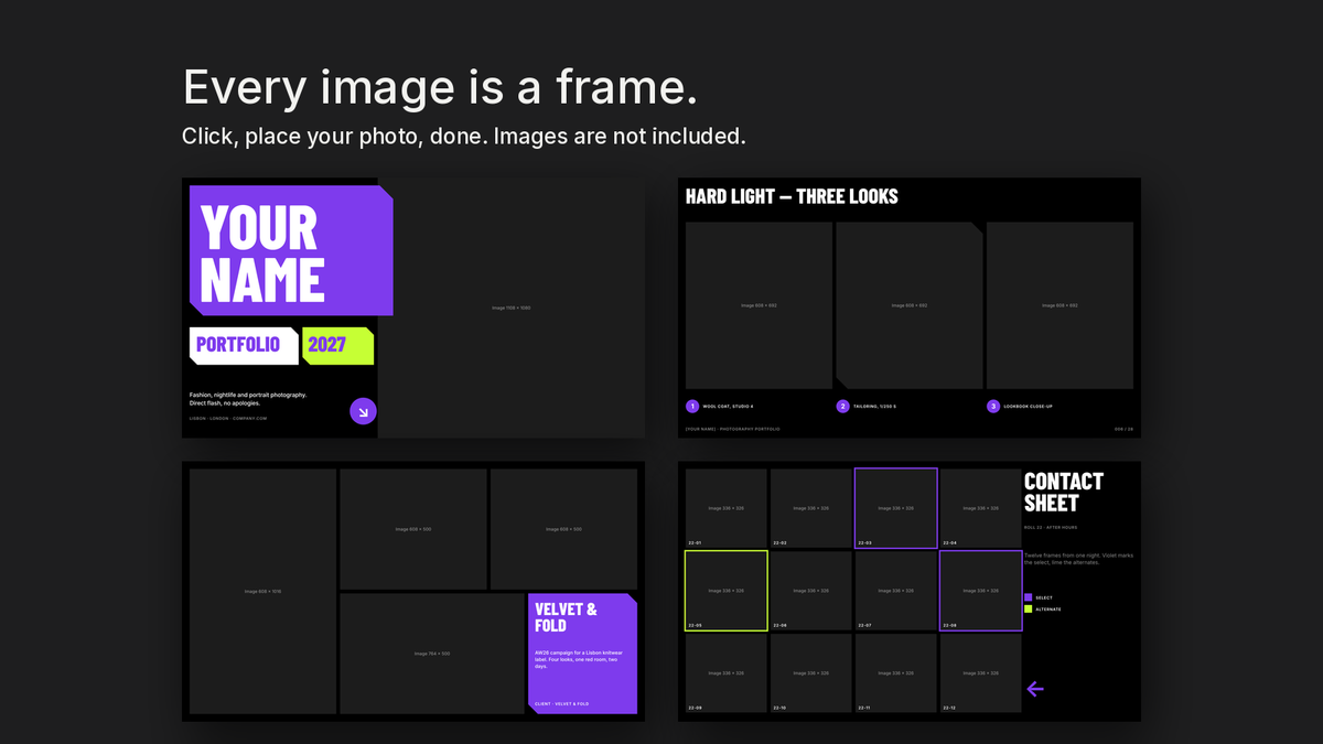 Bold Photography Portfolio template – empty image frames in the editable files