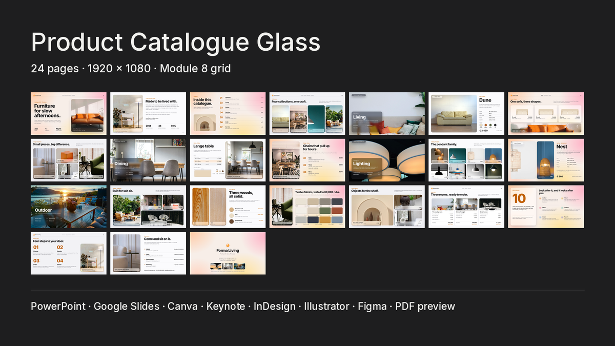 Glassmorphism Product Catalogue template – what's inside: all 24 pages and file formats