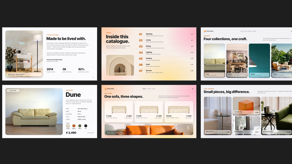 Glassmorphism Product Catalogue template – opening and living