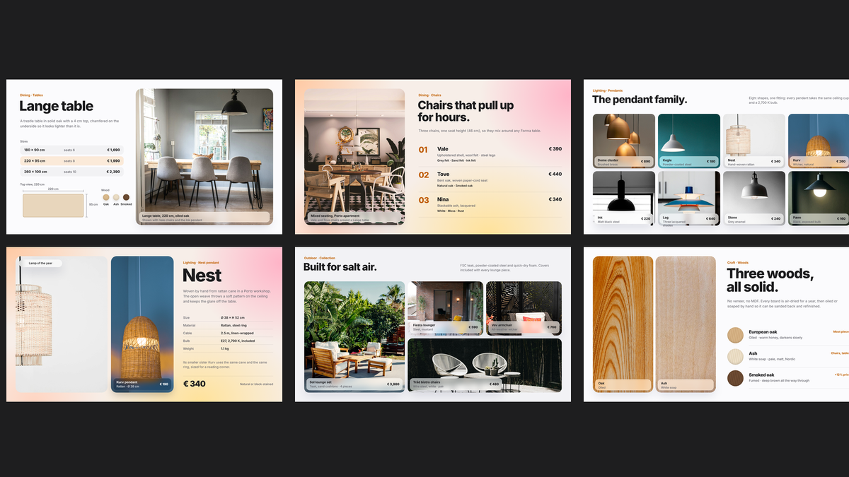 Glassmorphism Product Catalogue template – dining and lighting