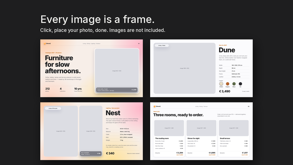 Glassmorphism Product Catalogue template – empty image frames in the editable files