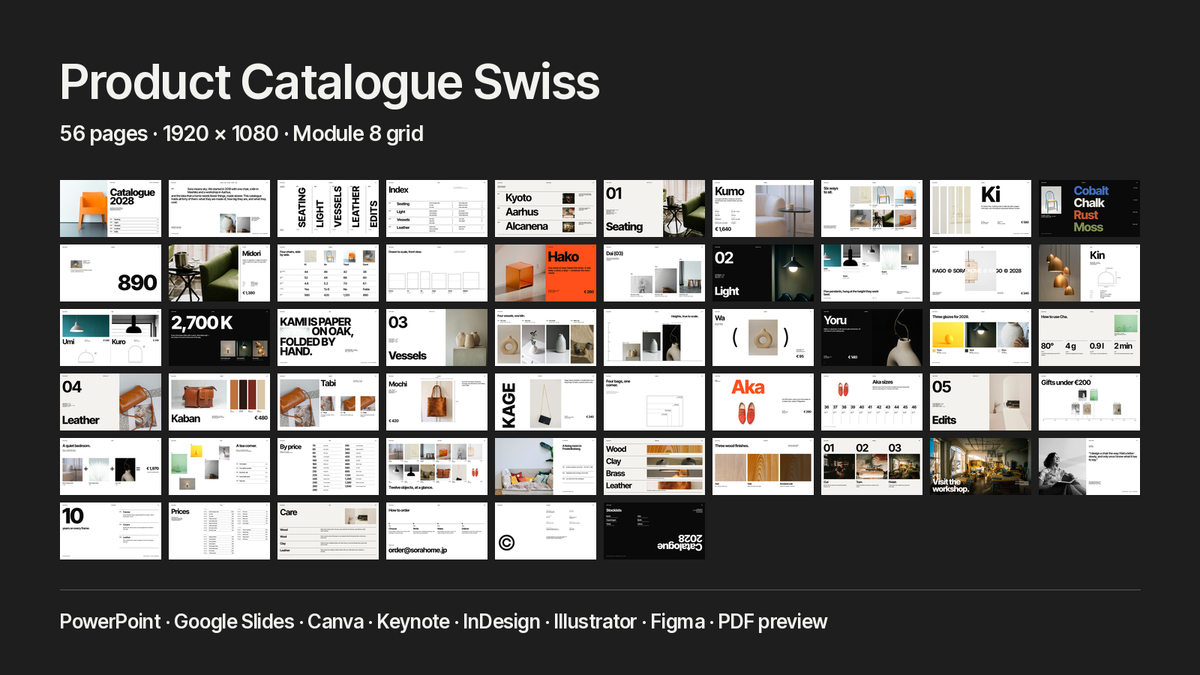 Swiss Style Product Catalogue template – what's inside: all 56 pages and file formats