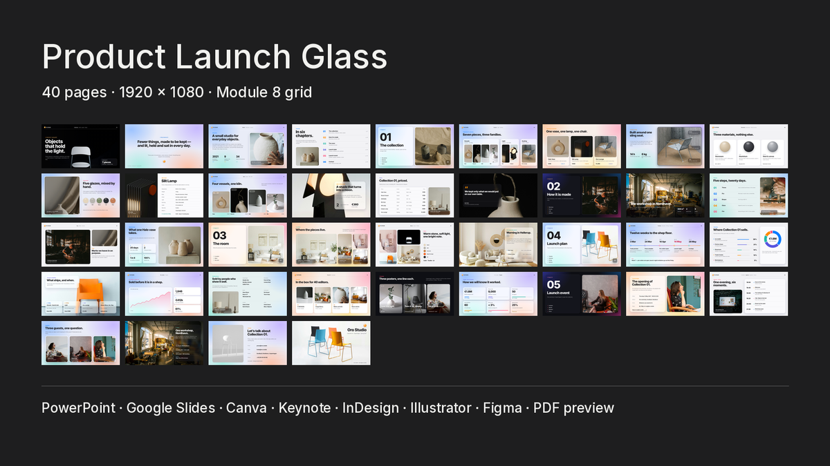 Glassmorphism Product Launch template – what's inside: all 40 pages and file formats