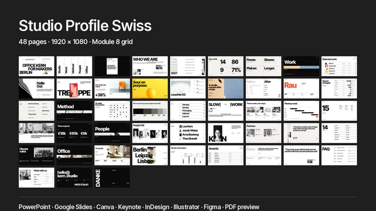 Swiss Style Studio Profile template – what's inside: all 48 pages and file formats