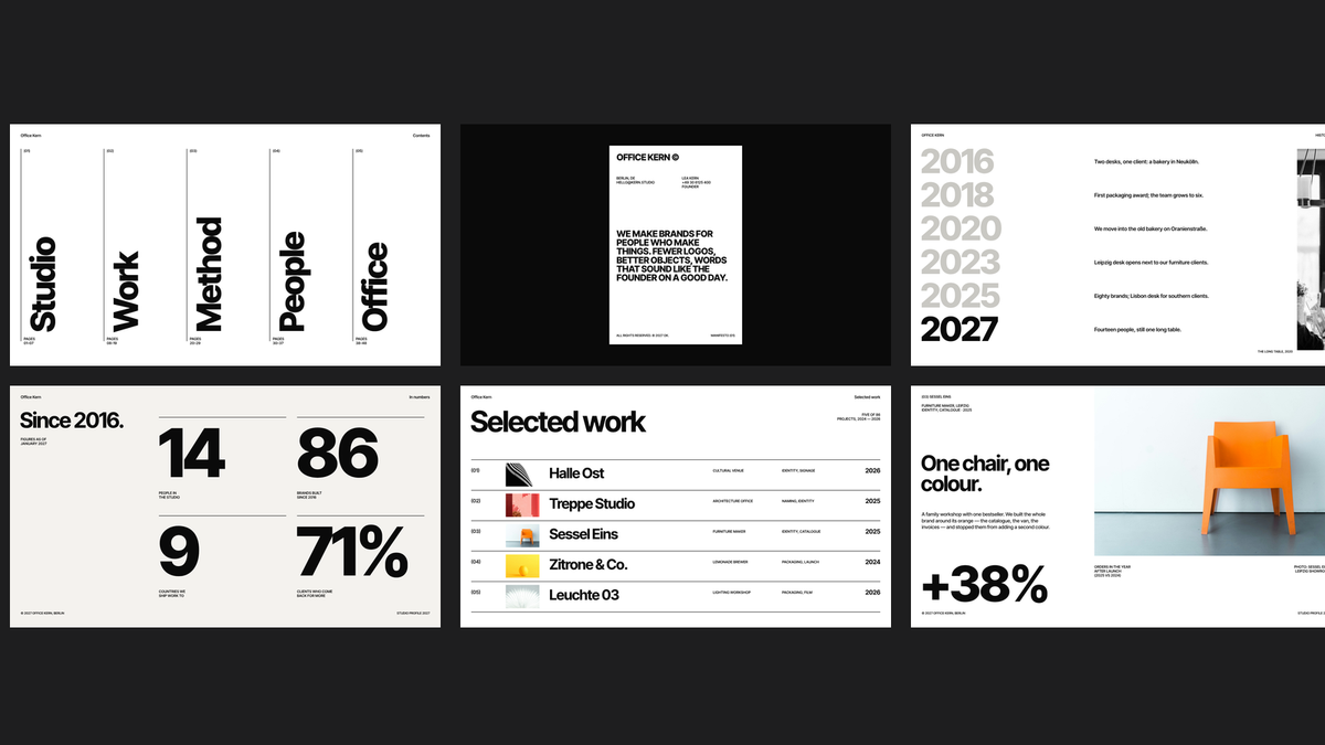 Swiss Style Studio Profile template – opening and work