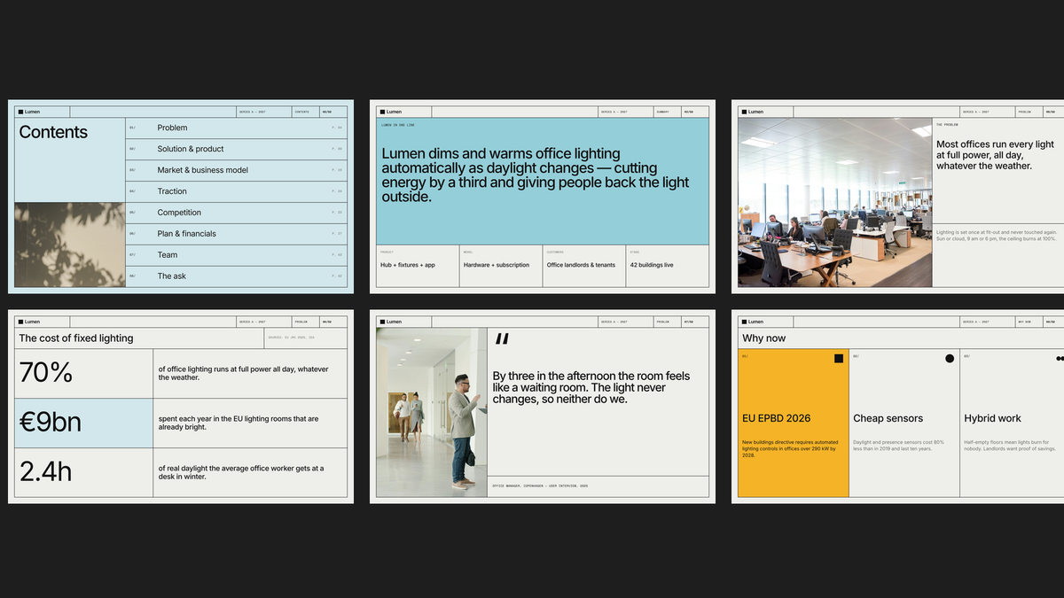 Minimal Pitch Deck template – opening and problem