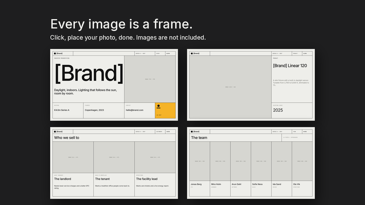 Minimal Pitch Deck template – empty image frames in the editable files
