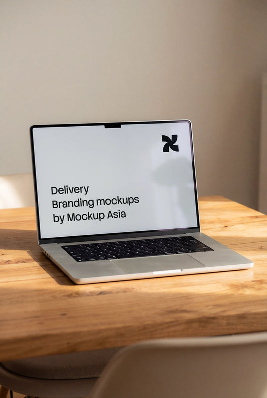 Laptop mockup on wooden desk with clean workspace setting