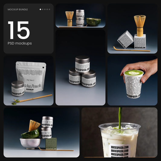 Matcha Packaging Mockups – Dark Edition – 15 PSD mockups by Mockup.Asia