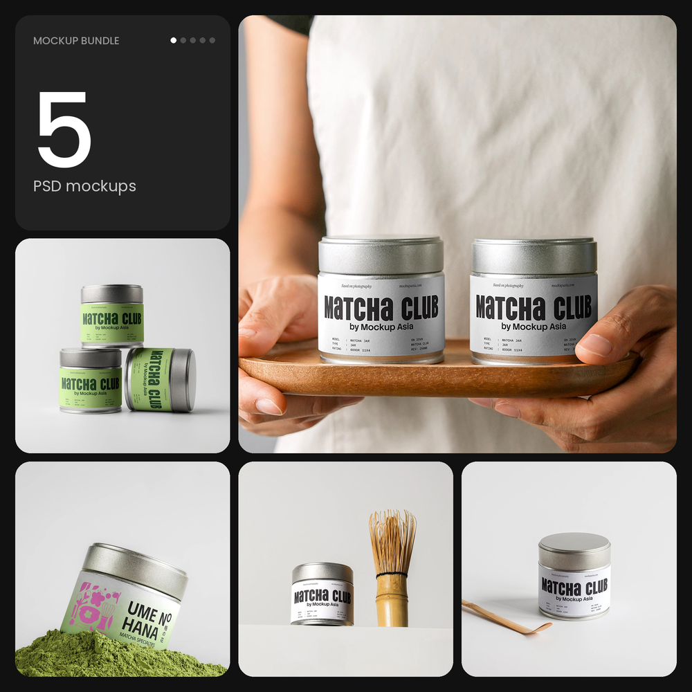Matcha Powder Tin Jar Bundle – 5 PSD mockups by Mockup.Asia