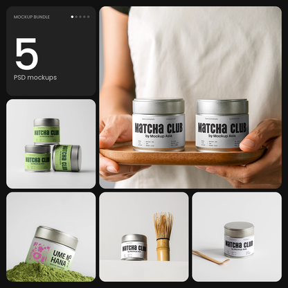 Matcha Powder Tin Jar Bundle – 5 PSD mockups by Mockup.Asia