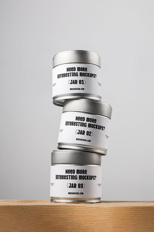 matcha tin can mockup stacked with three containers, minimal product packaging presentation