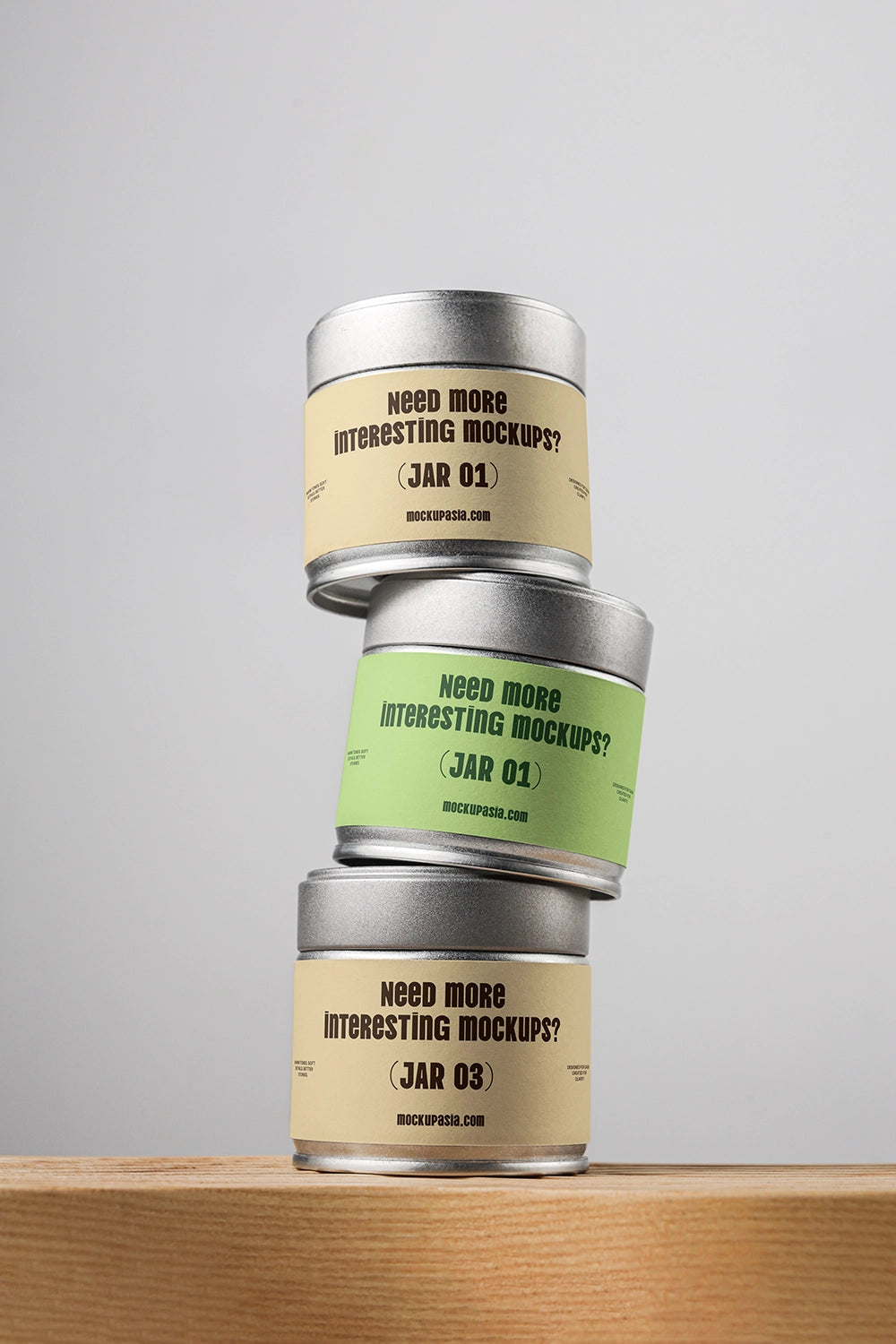 tea tin can mockup stack with clean label design, minimal studio product composition